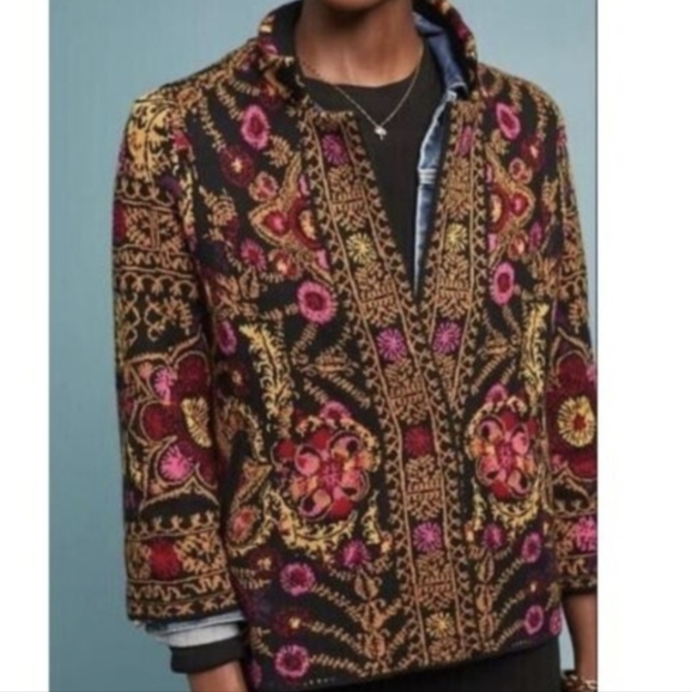 Anthropologie Black Floral Embroidered Cardigan Jacket